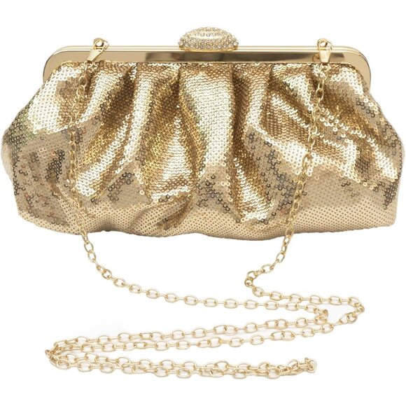 🆕Women Gold Silk Fish Scale Sequins Pleated Clutch Bag Crossbody  with Rhine - Picture 1 of 6